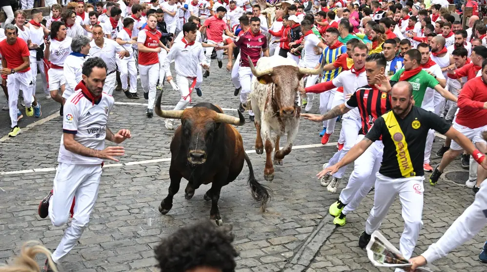 Los toros de la ganader&iacute;a La Palmosilla a su paso por el tramo de Telef&oacute;nica durante el primer encierro de los sanfermines 2023. EFE - Daniel Fern&aacute;ndez (2)