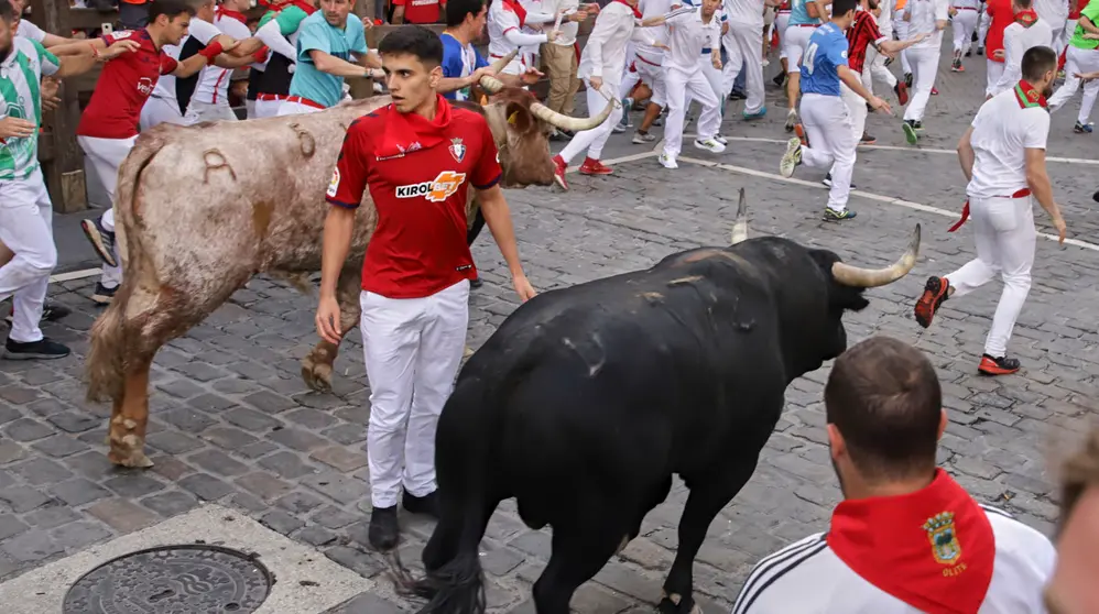 Sexto encierro de las fiestas de San Fermín 2023 en el tramo de Telefónica con toros de Jandilla. HÉCTOR NAVARRO
