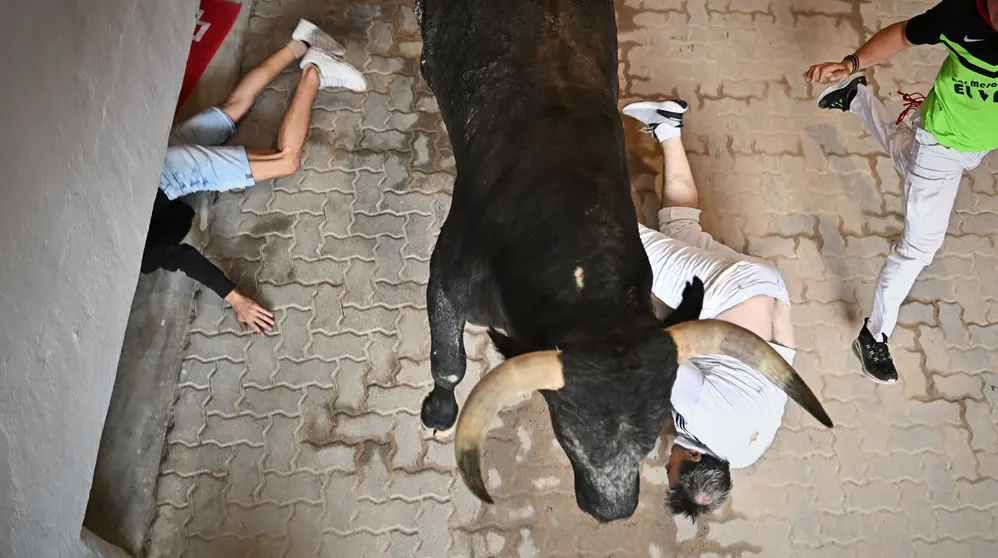 &Uacute;ltimo encierro de San Ferm&iacute;n 2023 con toros de Miura en el callej&oacute;n. PABLO LASAOSA