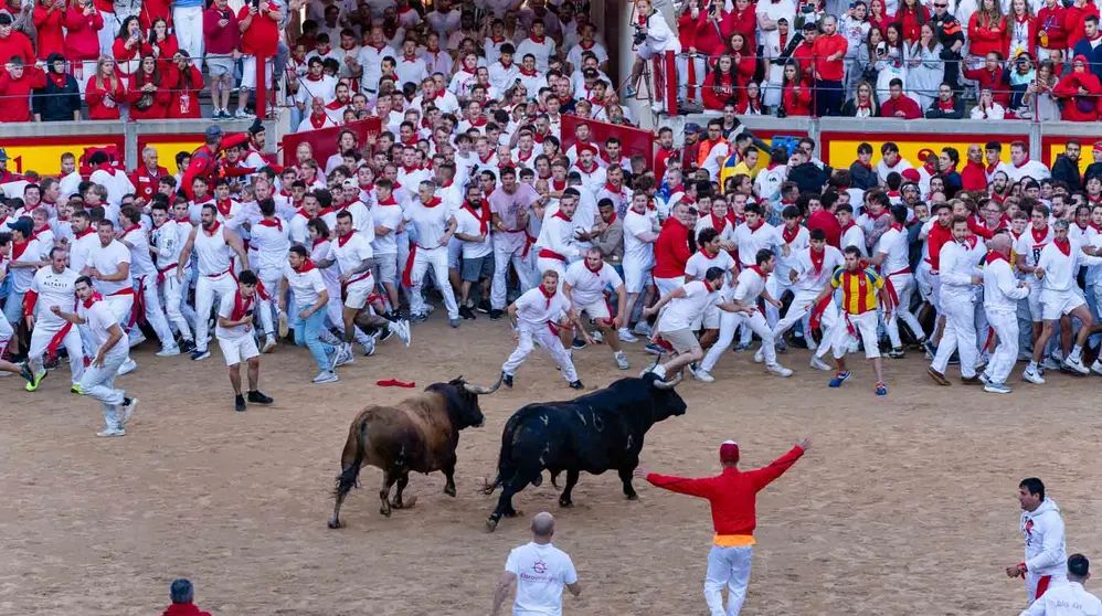 Primer encierro de San Ferm&iacute;n 2024 con toros de la ganader&iacute;a de la Palmosilla en la Plaza de Toros de Pamplona. FERM&Iacute;N GUTI&Eacute;RREZ