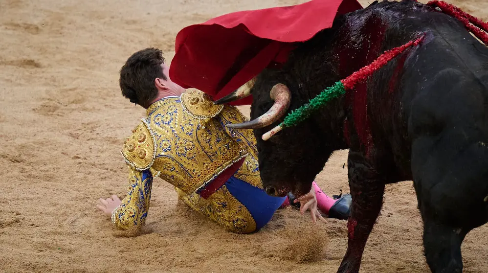 Novillada de Pincha durante las fiestas de San Fermín 2025 para los novilleros Aarón Palacio, El Mene y Bruno Martínez. PABLO LASAOSA