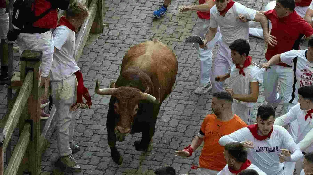 Quinto encierro de San Fermín con toros de Jandilla en bajada del callejón. Maite H. Mateo..-02 (1)