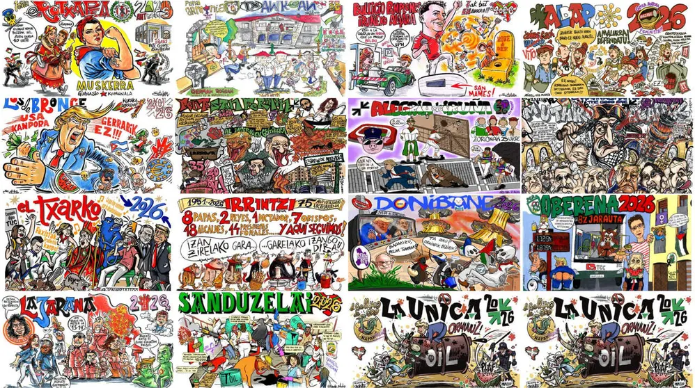 Pancartas de las pe&ntilde;as de de Pamplona para los Sanfermines de 2026.