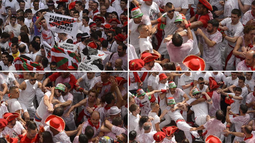 A cara tapada: los abertzales que han protagonizado una pelea en el Chupinazo se esconden tras la ikurriña