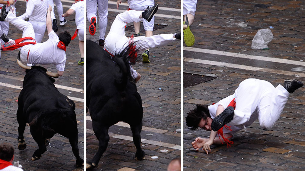 Brutal cogida en el Ayuntamiento de Pamplona: un toro de El Puerto levanta por los aires a un mozo del encierro