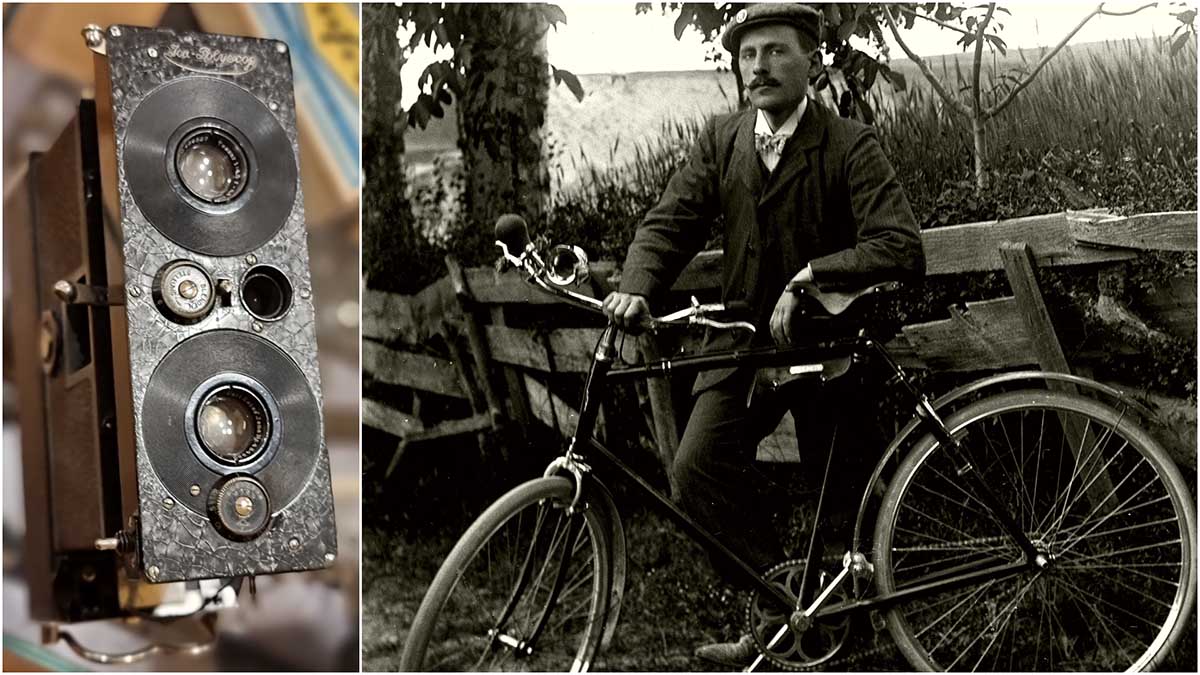 A la izquierda la cámara fotográfica estereoscópica con dos objetivos. A la derecha Luis Rouzaut con su bicicleta (Foto Luis Rouzaut, cortesía de la familia).