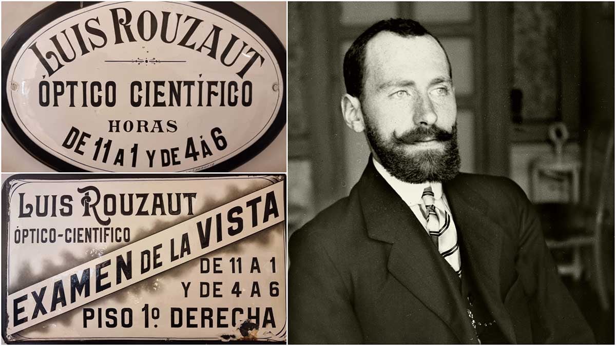 A la izquierda las placas anunciadoras de la consulta de Luis Rouzaut. A la derecha autoretrato (Foto Luis Rouzaut, cortesía de la familia).