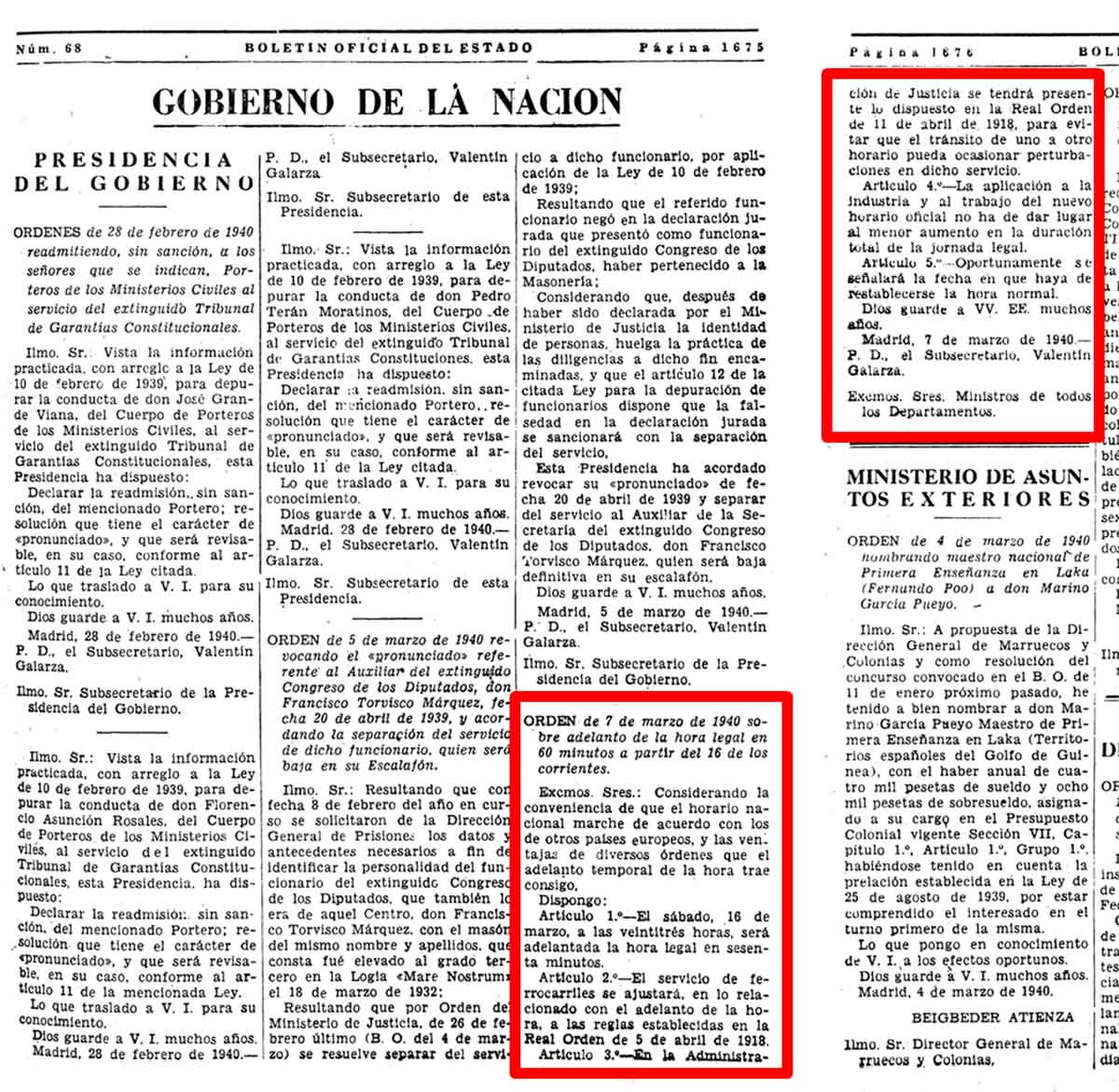 La Orden de Presidencia del 7 de marzo de 1940 para adelantar una hora, supuso que España salió del huso horario.
