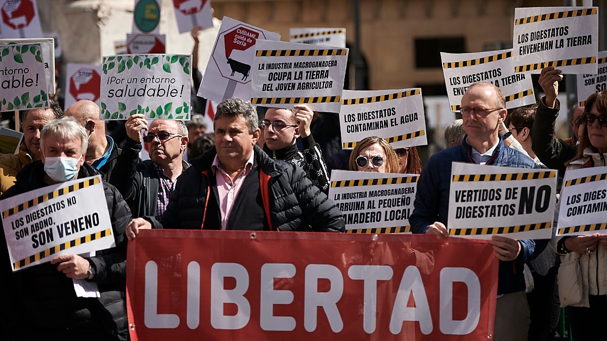 Concentración de la Plataforma Navarra contra las Macrogranjas ante un procedimiento judicial al que se enfrentan varios colectivos por presuntas injurias y calumnias contra la macrogranja de Caparroso. PABLO LASAOSA