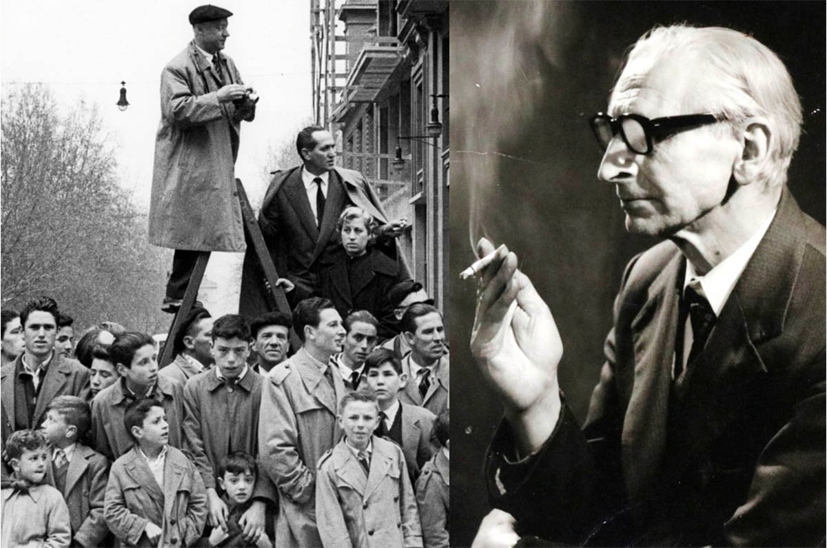 Los dos fundadores. A la izquierda Paco Zubieta encaramado en una escalera. A la derecha Andrés Retegui (Archivo Municipal de Pamplona. Fondo Zubieta y Retegui).