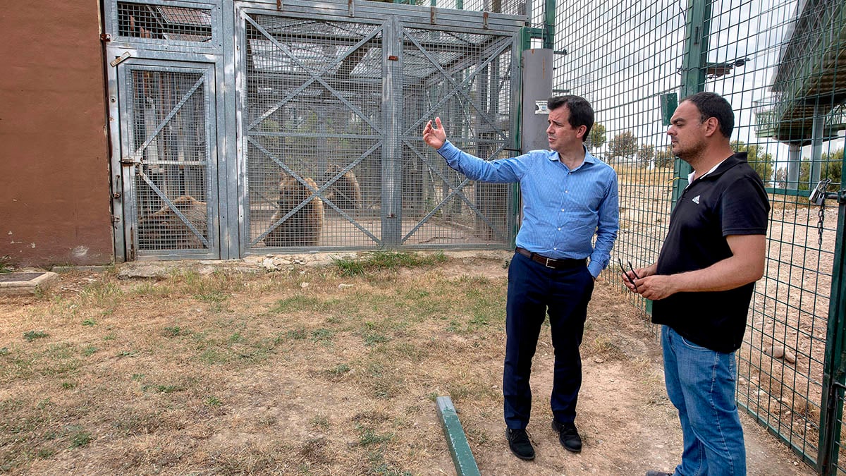 El consejero Irujo y el gerente del parque en su visita hoy a Sendaviva, frente al espacio donde se encuentran los osos. CEDIDA