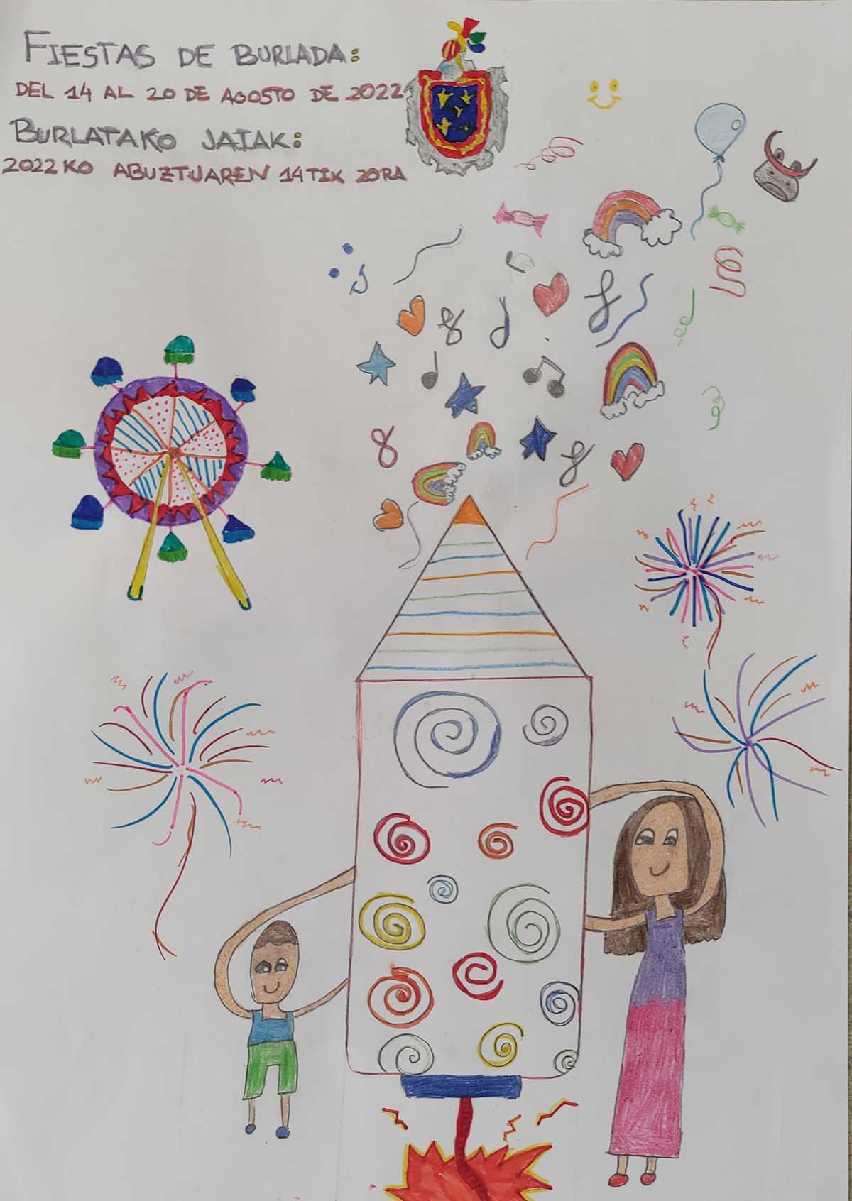 Cartel ganador en la categoría infantil para las fiestas de Burlada de 2022.