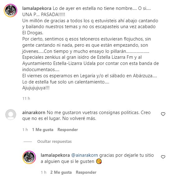 El propio grupo reconoce que gritaron "UPN Kanpora" en la respuesta que le dan a una seguidora en su cuenta de Instagram.