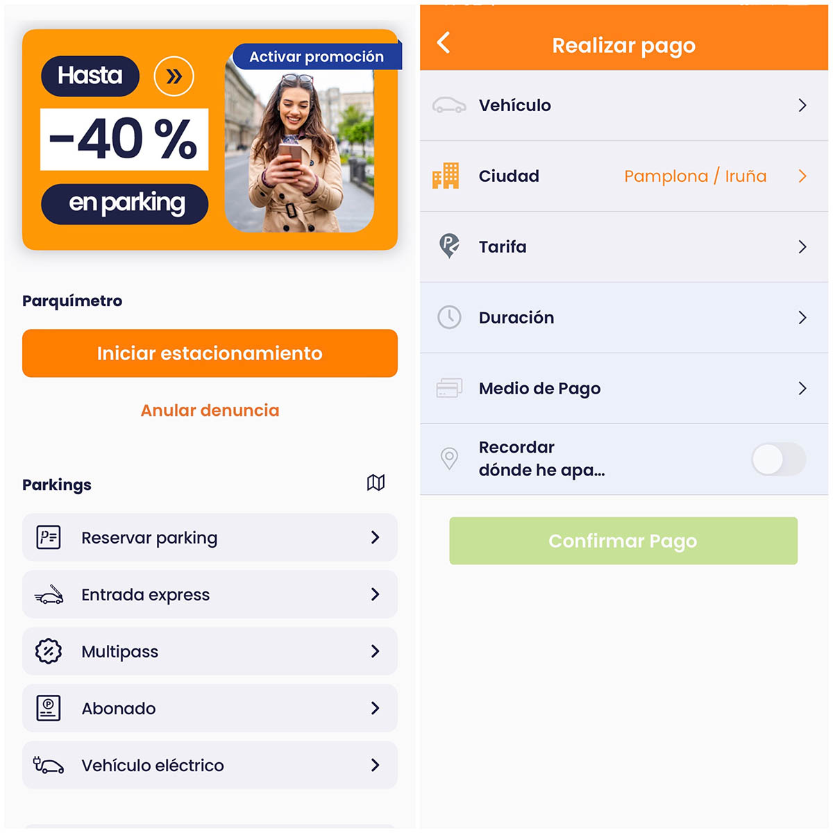 Efectuar un pago con la aplicación Telpark de la zona azul de Pamplona es muy sencillo. Basta con pulsar "Iniciar estacionamiento" y seleccionar cada una de las opciones.