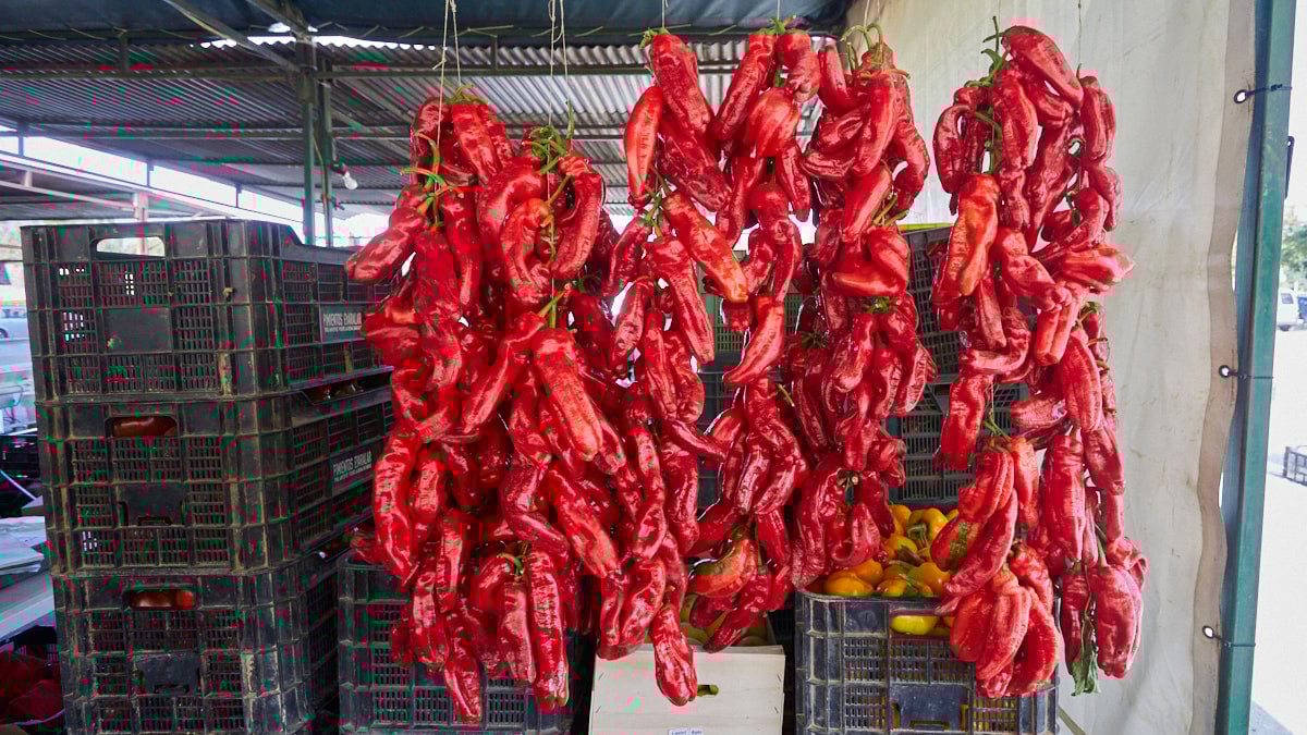 Venta de pimientos asados en Puente La Reina. IÑIGO ALZUGARAY