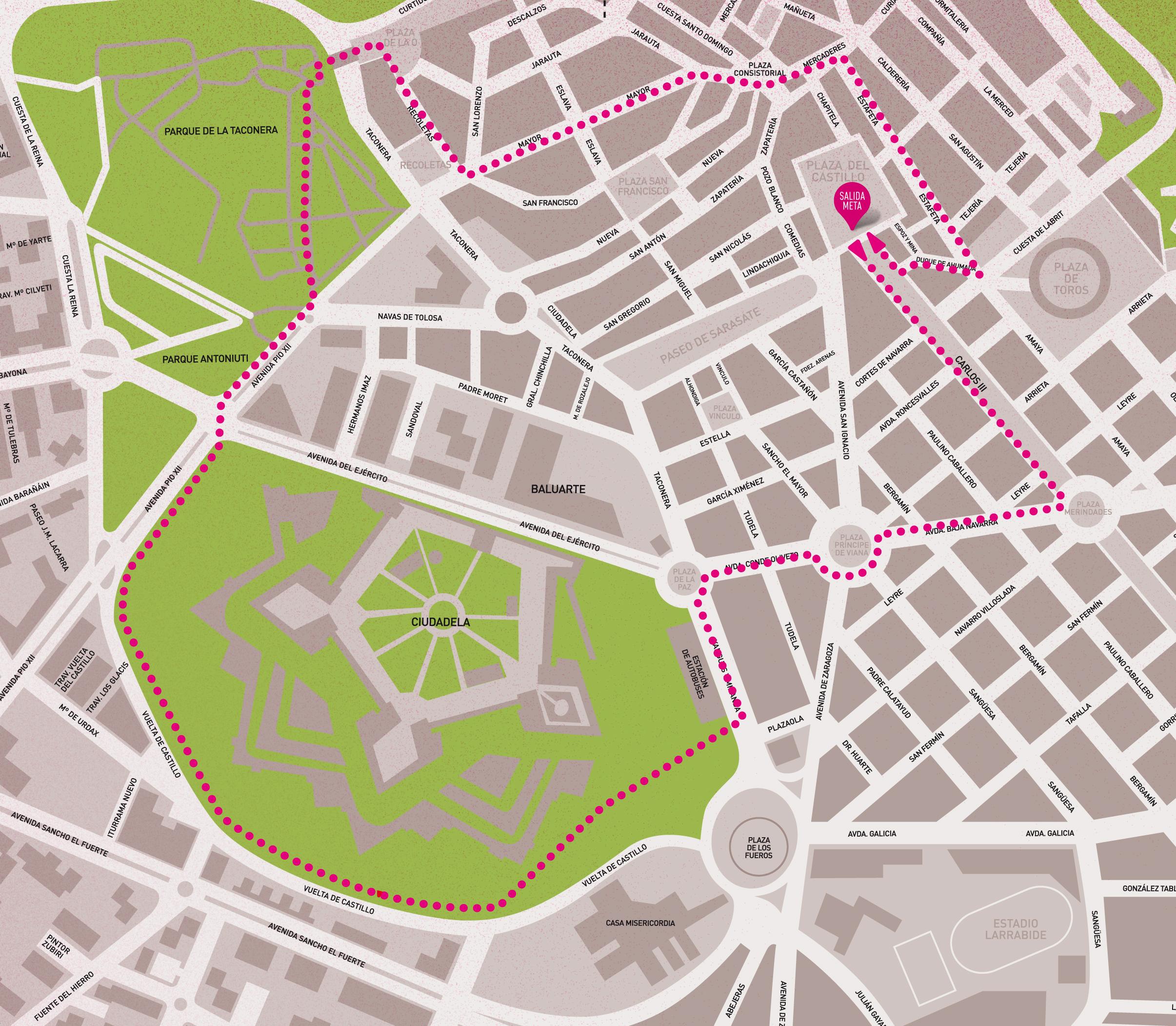 Mapa del recorrido de la carrera solidaria contra el cáncer de mama Pamplona. Foto: www.rockthesport.com.