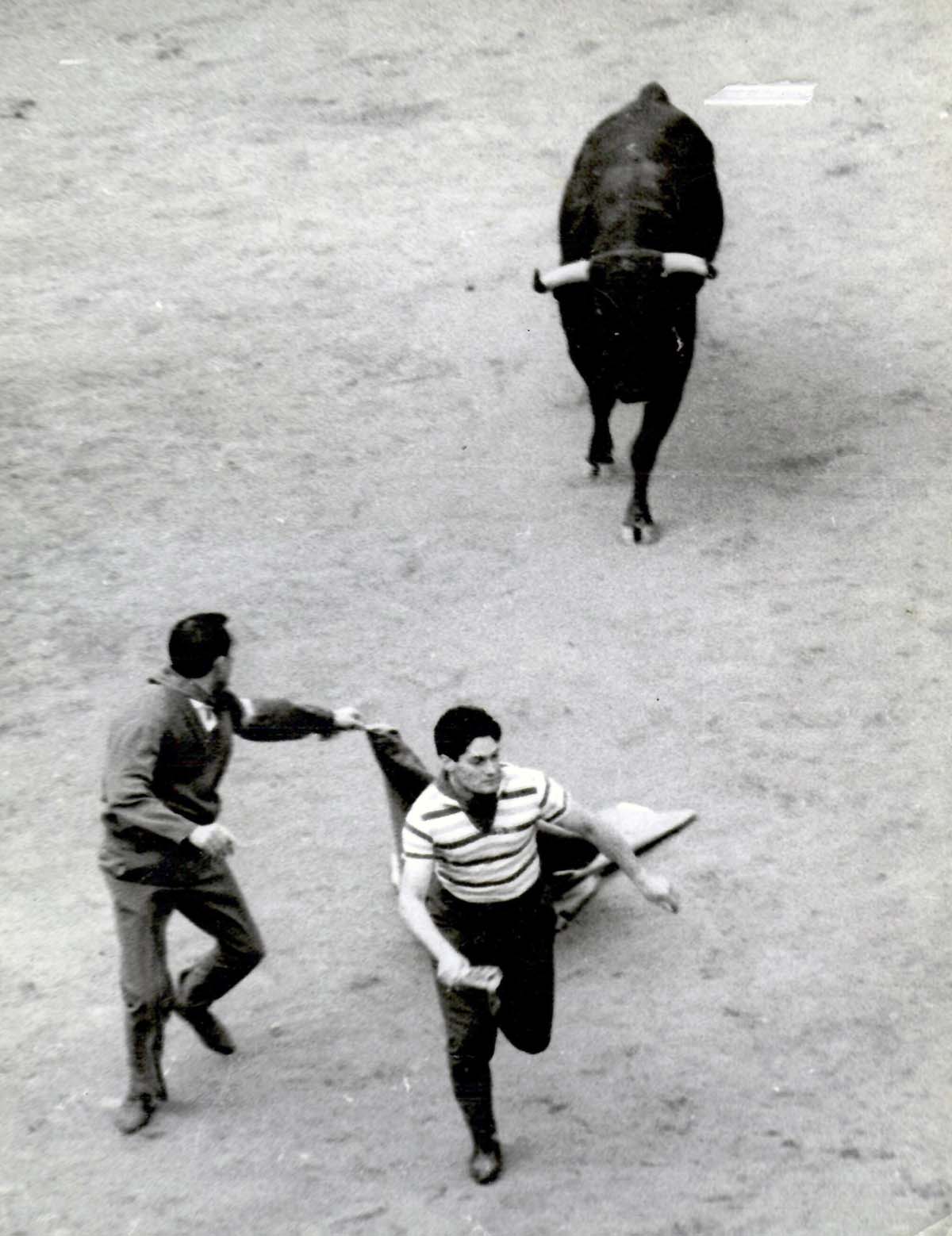 Un joven José Luis Nobel con camiseta de rallas, corriendo un encierro en el ruedo de la Plaza de Toros