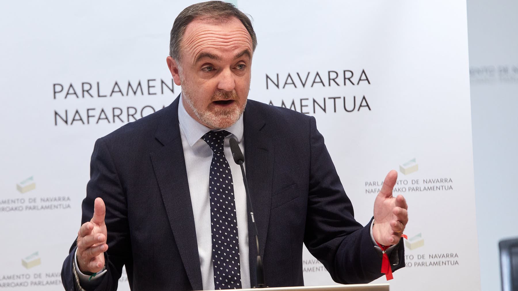 Javier Esparza, portavoz de UPN, hace declaraciones tras la primera reunión de la Mesa y Junta de Portavoces del Parlamento de Navarra de la nueva legislatura. IÑIGO ALZUGARAY