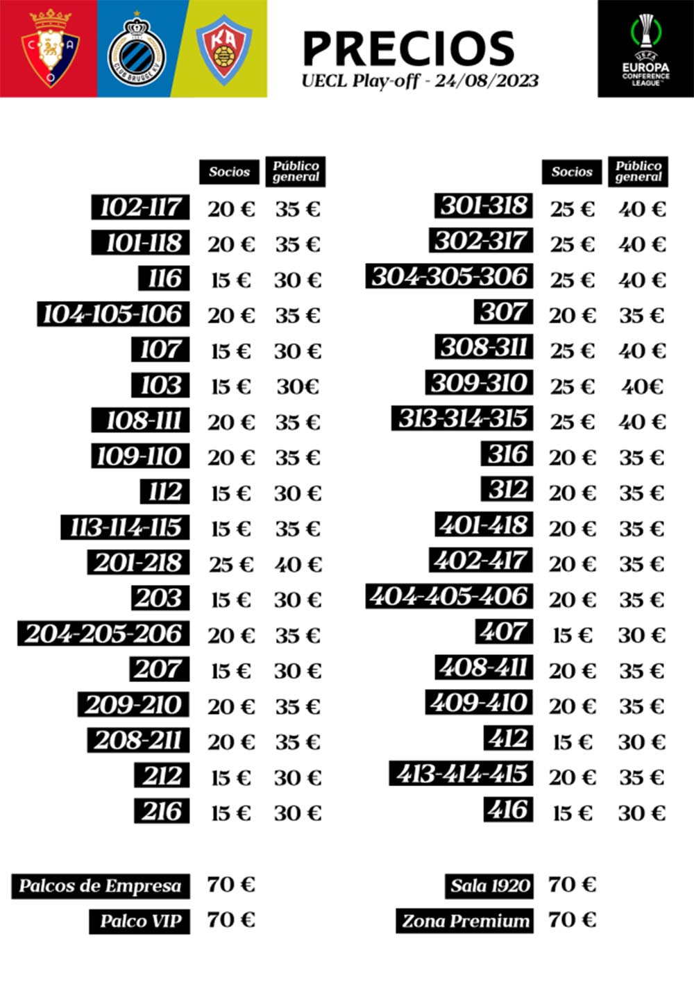 Precios por sector para el partido de ida de la previa de la Conference League en El Sadar. C.A. OSASUNA