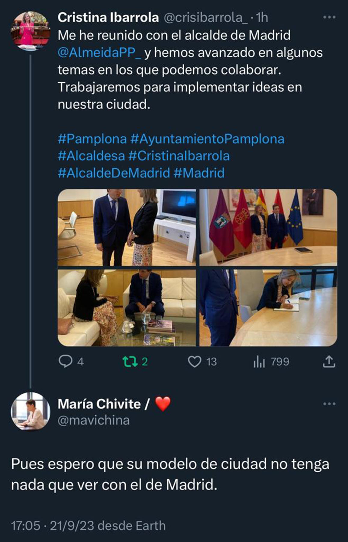 Pantallazo del tuit de la presidenta María Chivite antes de que lo borrara. NAVARRA.COM