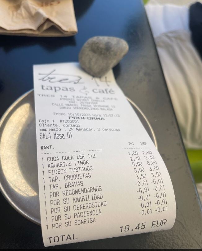 Factura del restaurante Tres 14 de Torremolinos. TRIP ADVISOR