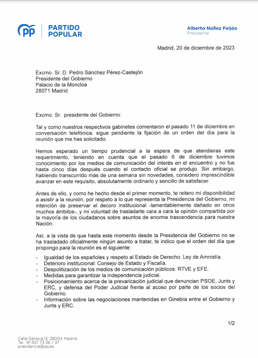 Carta que Feijóo ha enviado a Pedro Sánchez con los asuntos a tratar en su encuentro de este viernes.