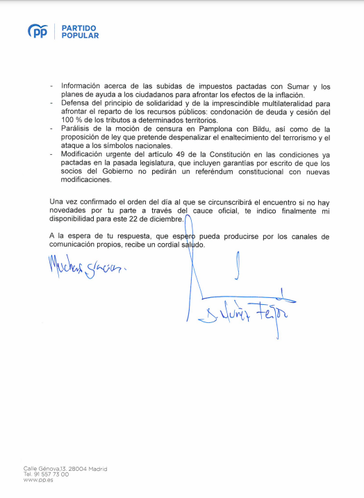 Carta que Feijóo ha enviado a Pedro Sánchez con los asuntos a tratar en su encuentro de este viernes.