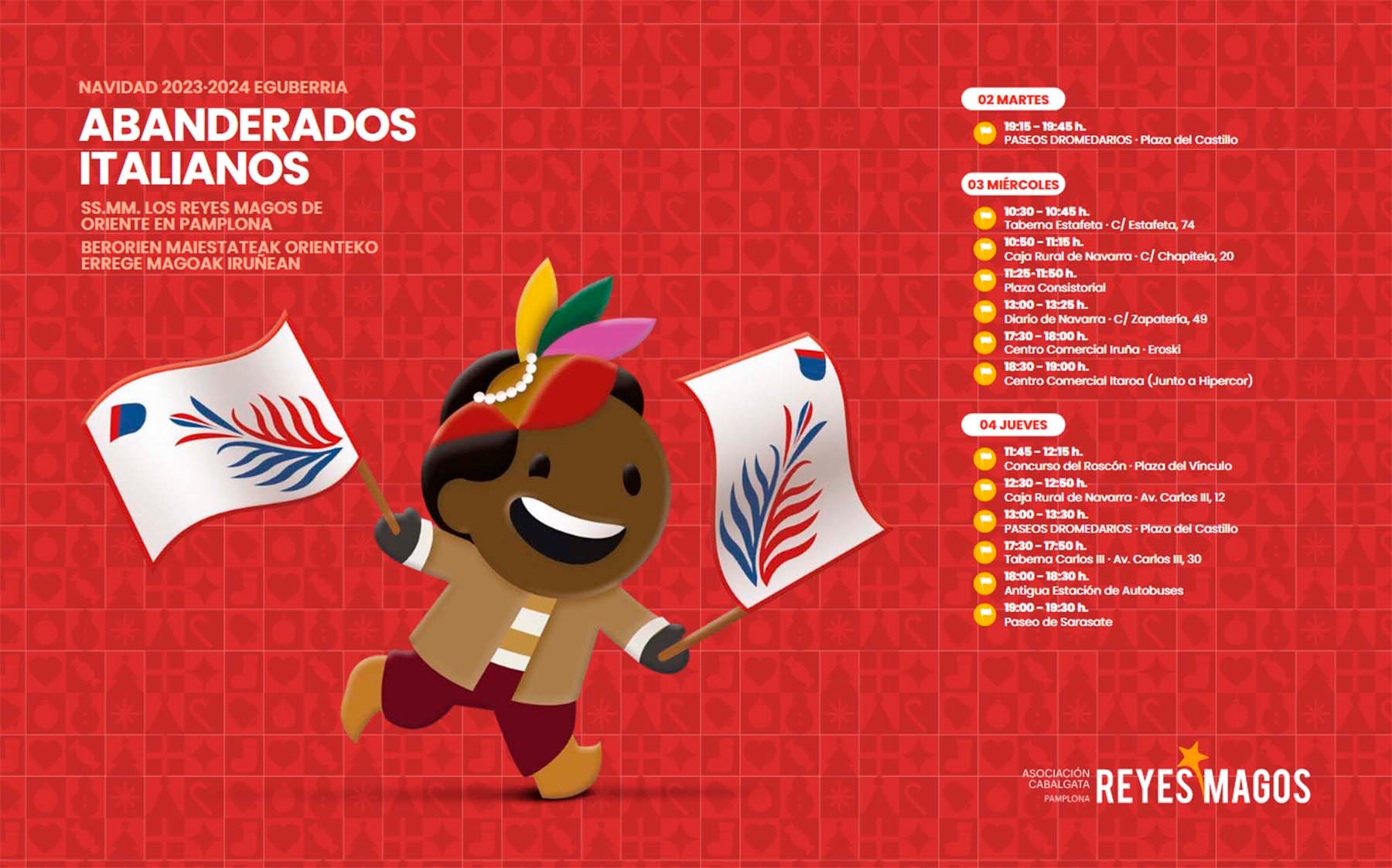 Programa completo de las actuaciones de los abanderados italianos de la Cabalgata de Reyes Magos de Pamplona. NAVARRA.COM