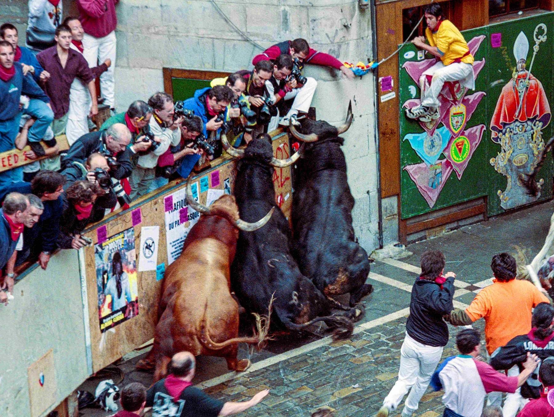 Foto 11. Espectacular instantánea de la curva de Mercaderes. En el encierro los fotógrafos no están libres de peligro. Foto exhibida en el Salón San Fermín de 2005 (Foto Javier Ochoa Martínez, cortesía del autor)