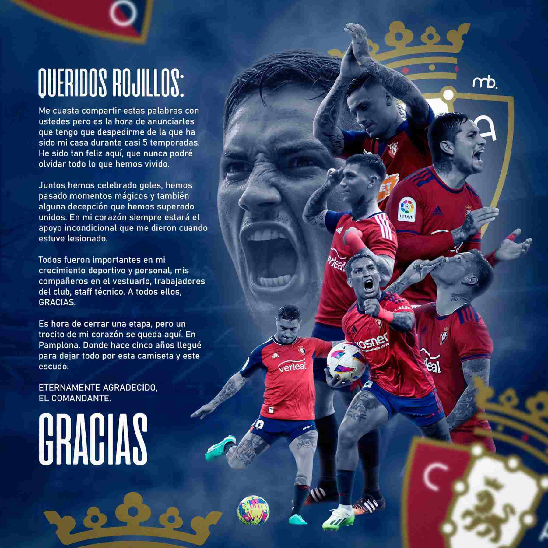 Publicación de despedida del Chimy Ávila tras dejar Osasuna en el mercado de invierno.