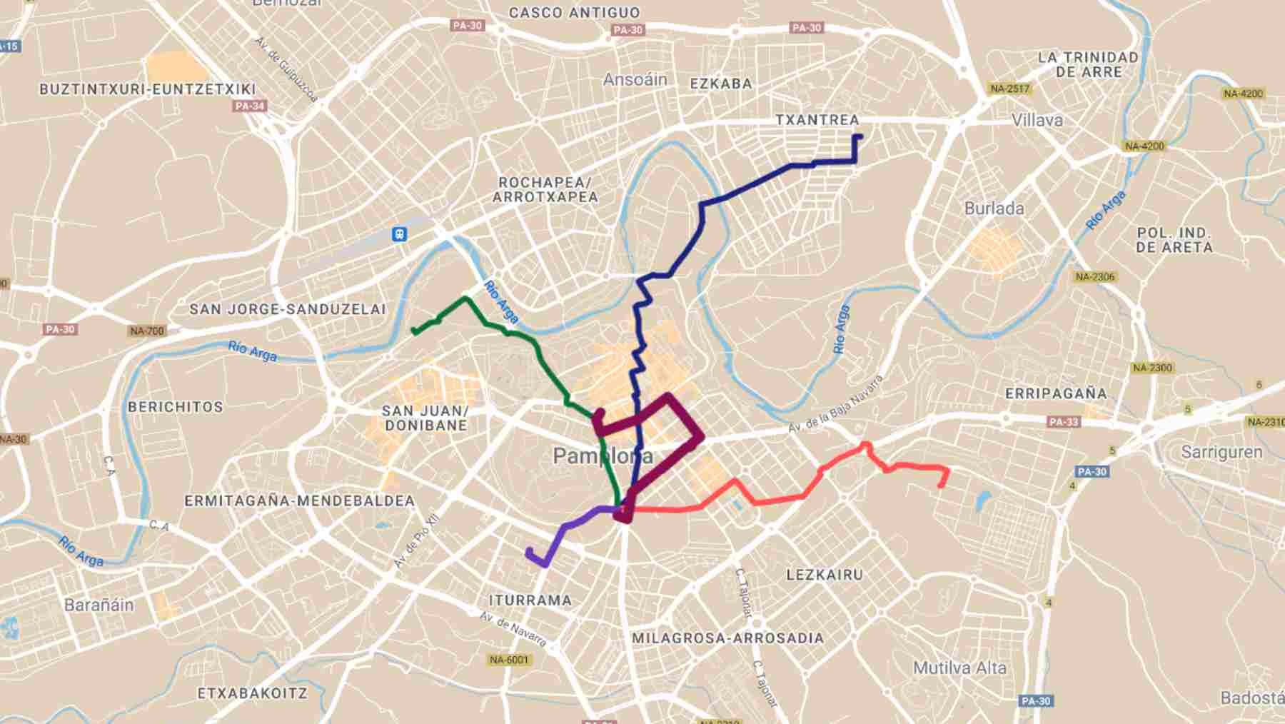Recorridos de las cinco manifestaciones previstas para este miércoles en Pamplona. POLICÍA MUNICIPAL