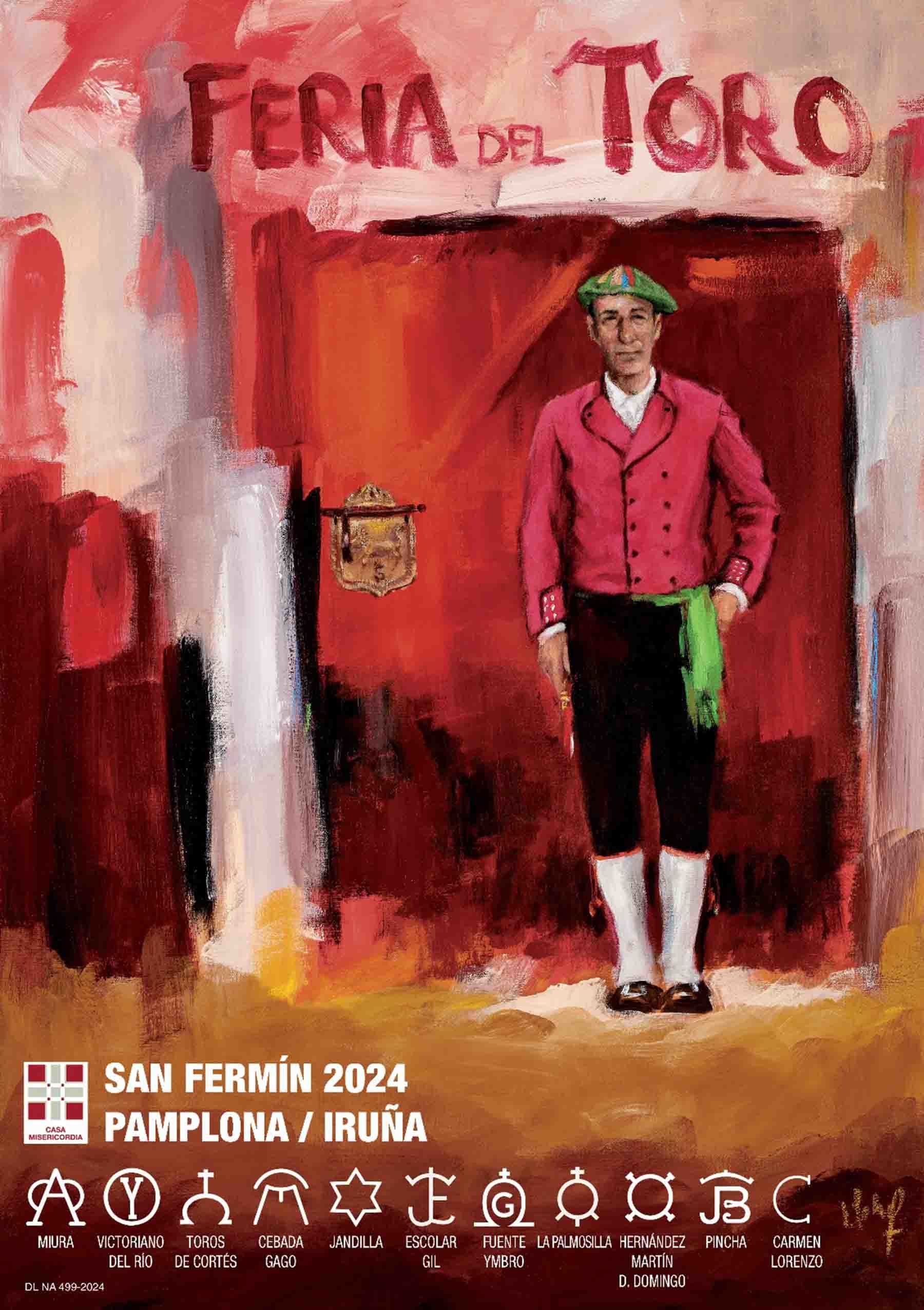 Cartel anunciador de la Feria del Toro de San Fermín 2024 en Pamplona obra del autor Indalecio Sobrino Junco.