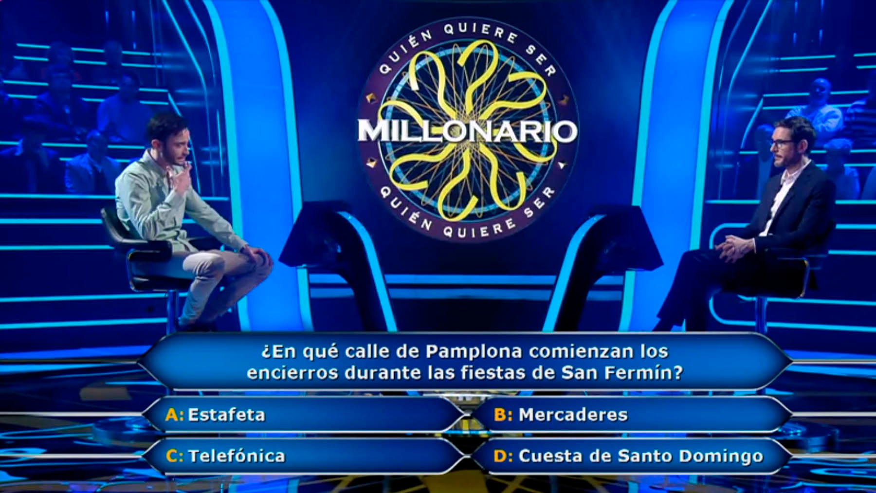 Imagen de un momento del concurso ¿Quién quiere ser millonario? en la que el concursante Martín tuvo que responder una pregunta de San Fermín. lasexta.com