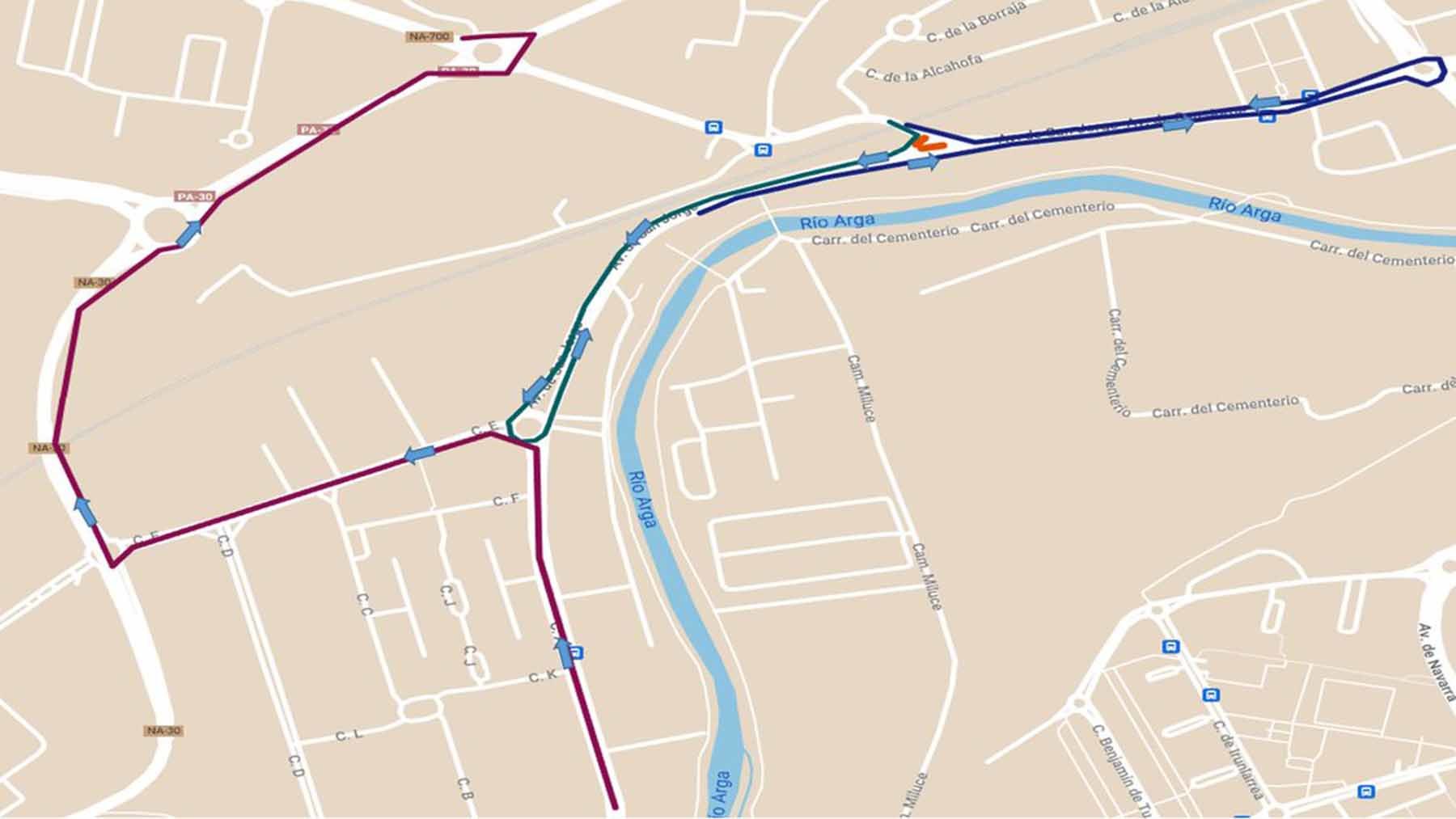 Plano facilitado por la Policía Municipal de los cortes de acceso a Pamplona desde Orcoyen. PMP