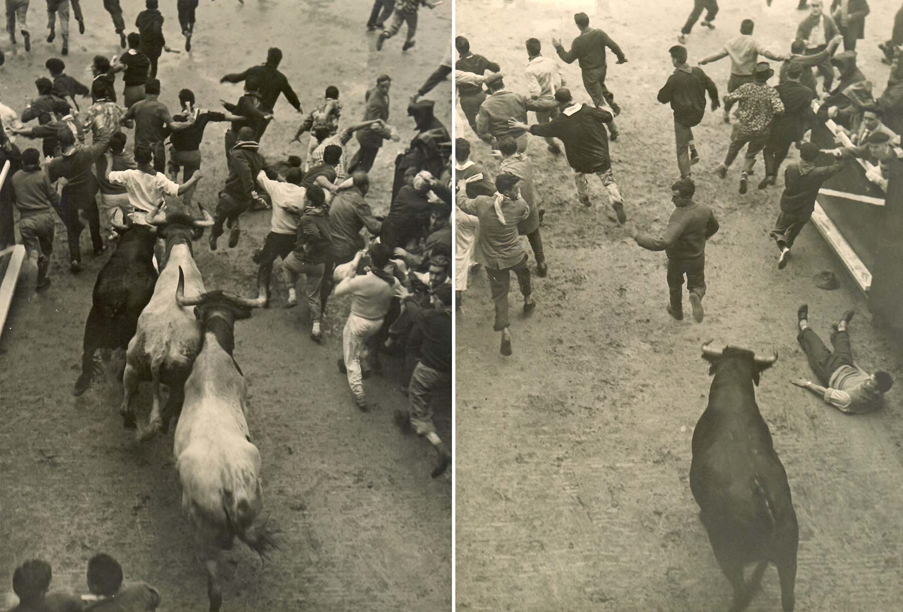 Foto 04. Dos fotos históricas del encierro a la salida del callejón y entrada al redondel de la plaza de toros. (Fotos Javier Cejuela, cortesía de la familia)