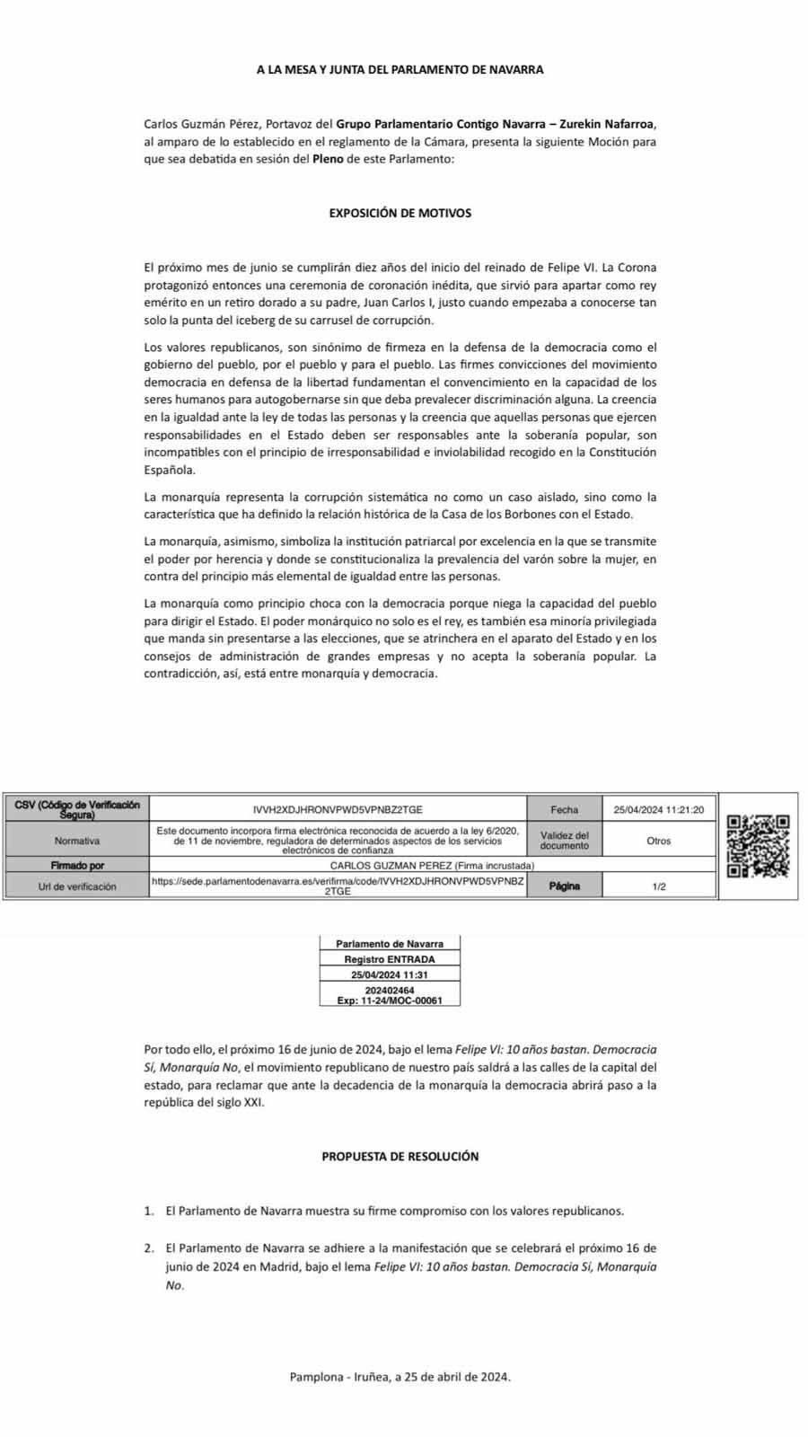 Texto de la moción presentada por el Parlamentario de Contigo, Carlos Guzmán y apoyada por el PSOE de Navarra.
