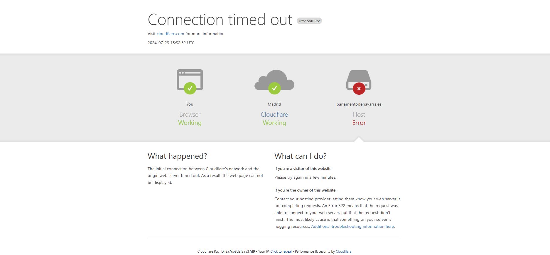 Mensaje que aparece al intentar acceder a la web del Parlamento de Navarra.