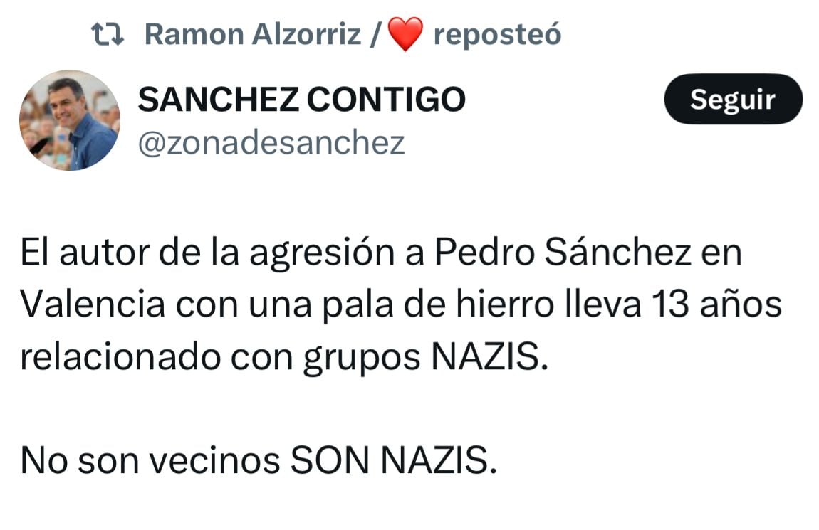 Un tuit reenviado por Ramón Alzórriz en el que califica como nazis a las víctimas de la DANA.