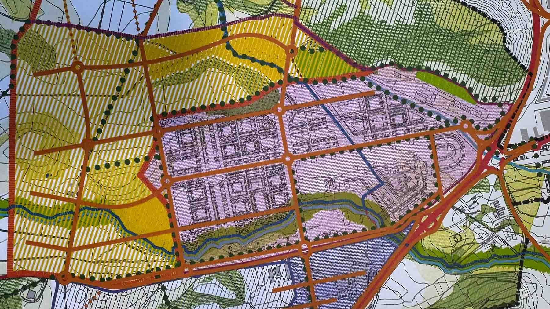 Plano de Sarriguren con la propuesta de UPN para la construcción de 5.000 viviendas en terrenos del Valle de Egüés. UPN