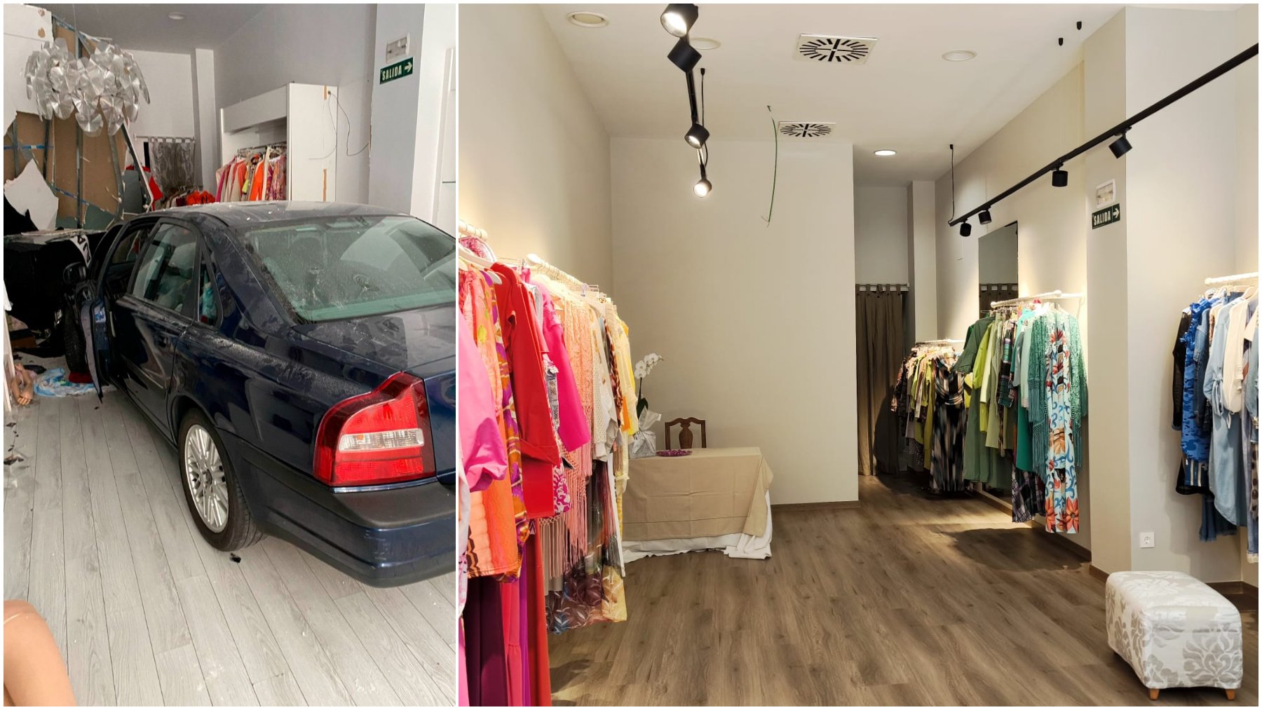 A la izquierda, una imagen de cómo había quedado la tienda tras el accidente. A la derecha, el local reformado. NAVARRA.COM