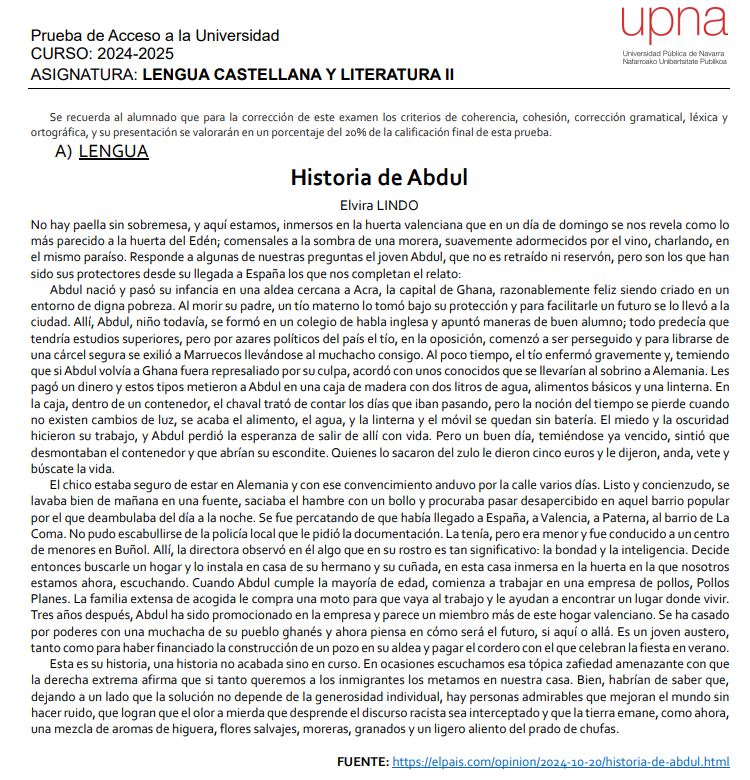 Examen de Lengua Castellana y Literatura en la PAU. UPNA