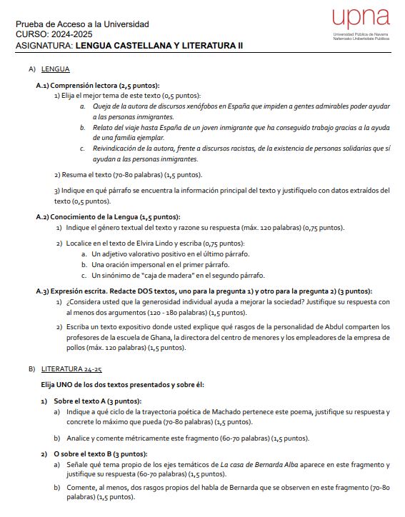 Examen de Lengua Castellana y Literatura en la PAU. UPNA