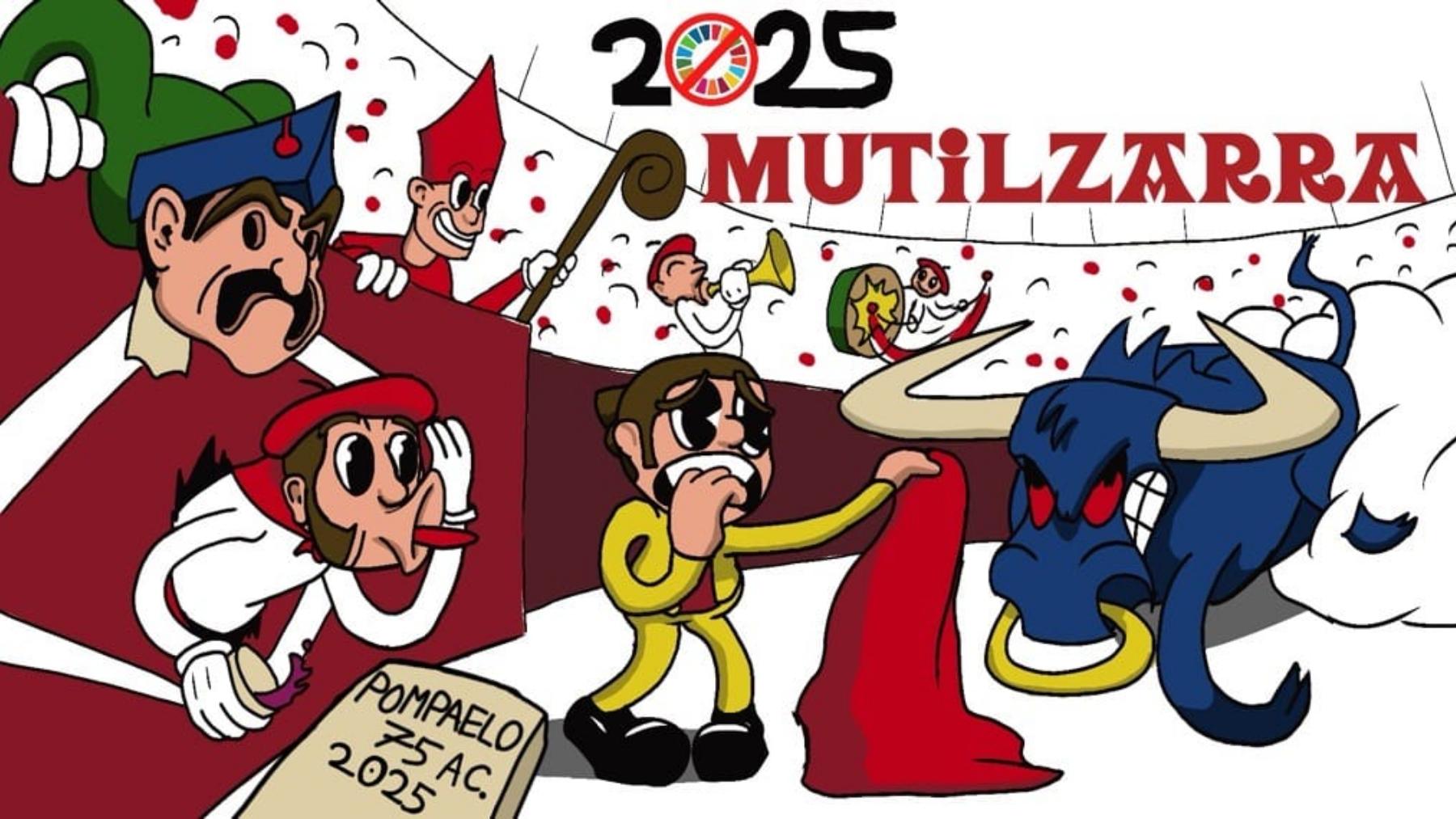 Pancarta de la peña Mutilzarra para los Sanfermines de 2025.