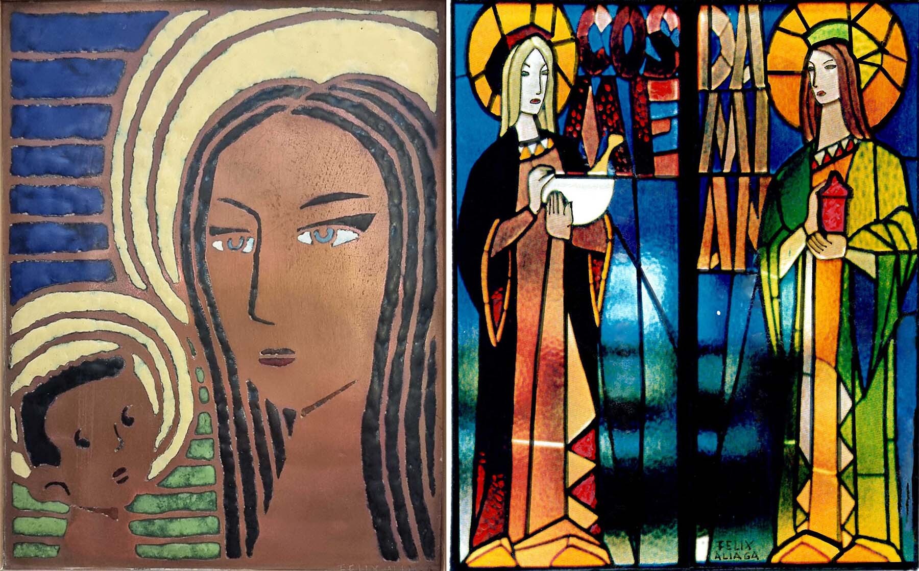 Fotos 02 y 03. A la izqda. esmalte campeado Virgen con Niño. A la drcha. Vidriera de san Cosme y san Damián del Colegio Oficial de Farmacéuticos de Navarra.