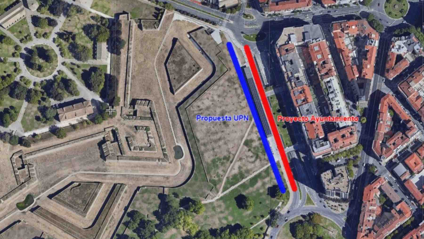 Propuesta de UPN para el carril bici de Yanguas y Miranda por detrás de la estación de autobuses para no tener que cortar un carril de circulación. UPN