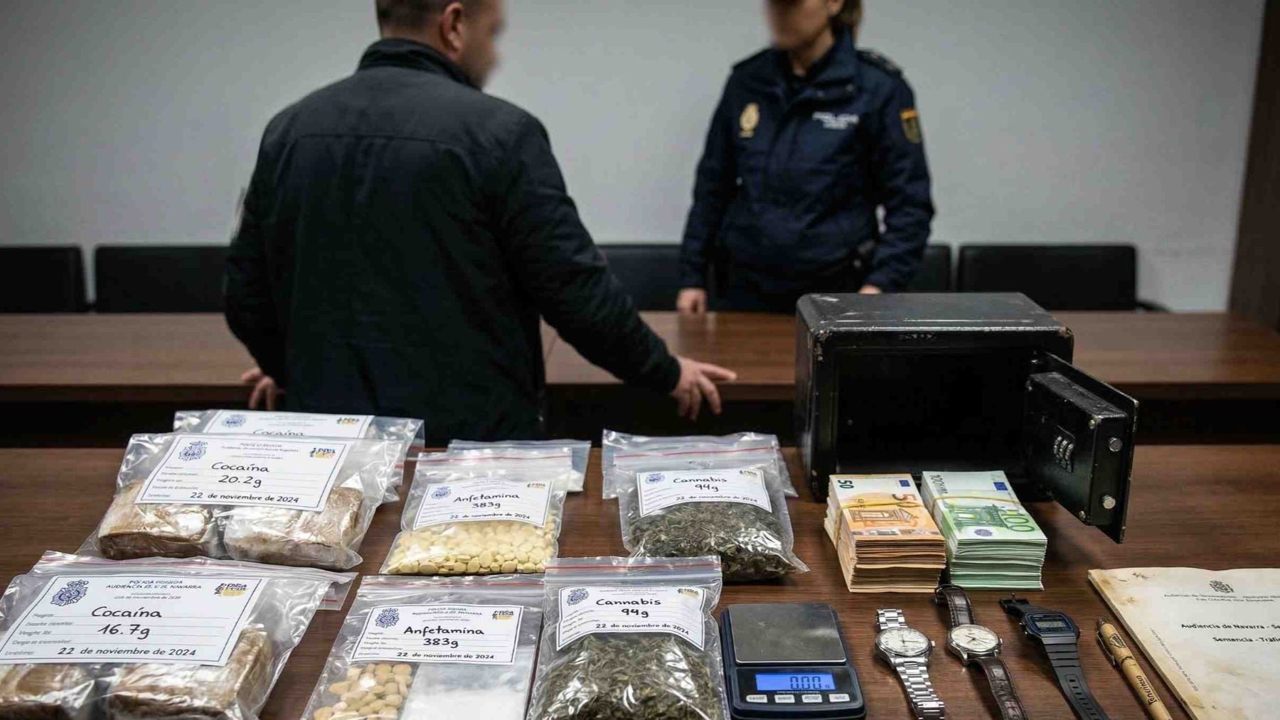 El aviso por un robo en Pamplona acaba con una incautación de cocaína, anfetamina y 25.000 euros