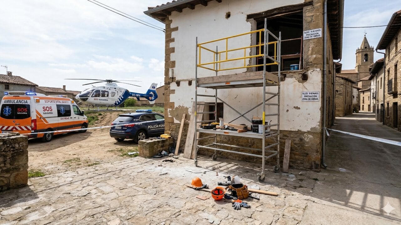 El aparatoso accidente ocurrido en un pueblo de Navarra: herido al caer de un andamio y evacuado en helicóptero