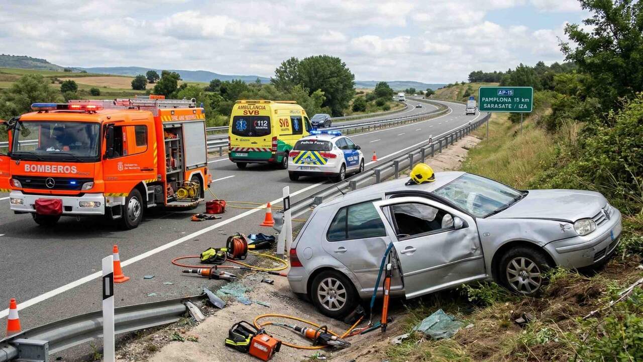 Un conductor queda atrapado tras un accidente en una autopista de Navarra y tiene que ser rescatado por los bomberos