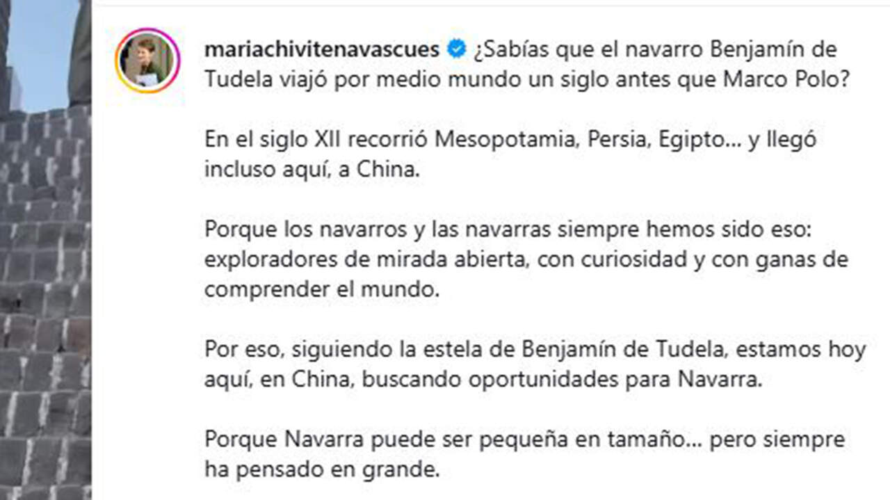 Imagen del texto de María Chivite publicado en su perfil de Instagram sobre Benjamín de Tudela en China.