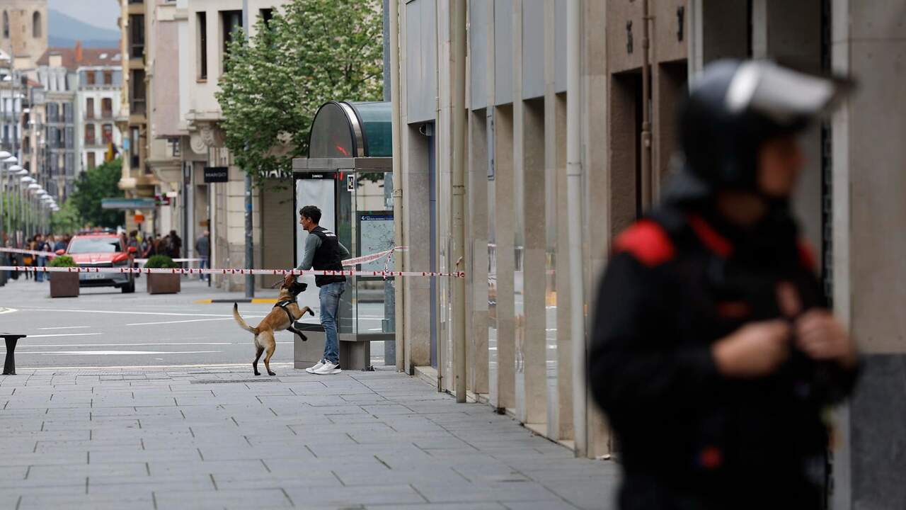 Imagen del cordón policial en Carlos III. Al fondo, guías caninos de Policía Foral. EFE